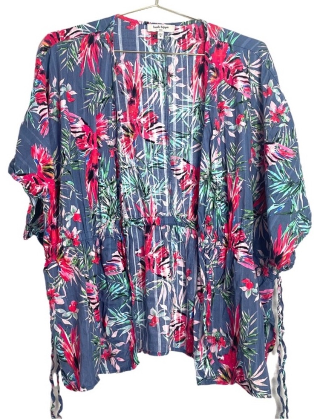Haute Hippie Clair blue floral kimono cardigan wrap top cotton blend tie waist